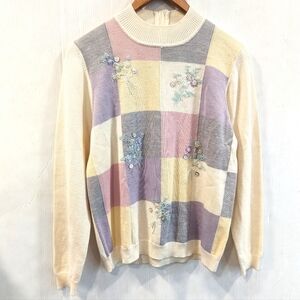 Vintage ALFRED DUNNER Beaded Embroidered pastel plaid mockneck sweater Spring